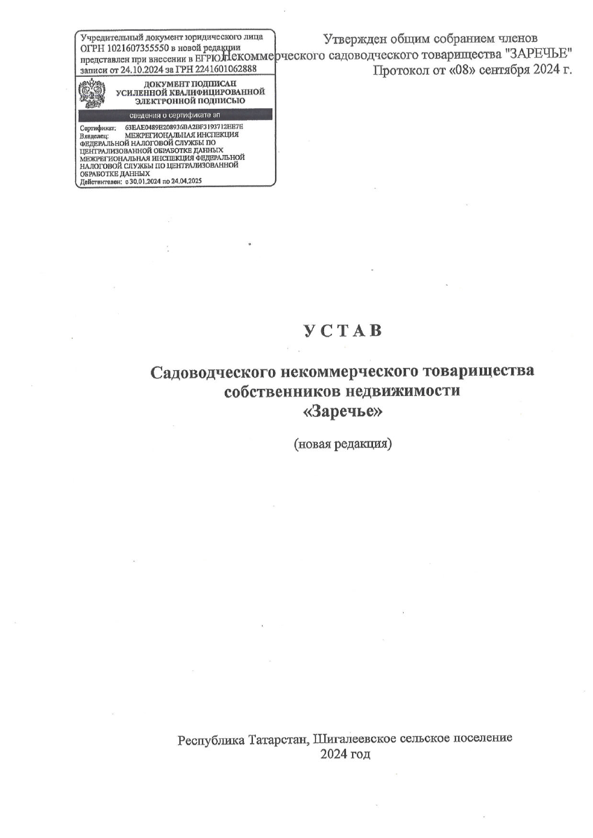 Титульный лист устава Заречья: утверждён 8 сентября 2024 года, отметка ФНС от 24 октября 2024 года